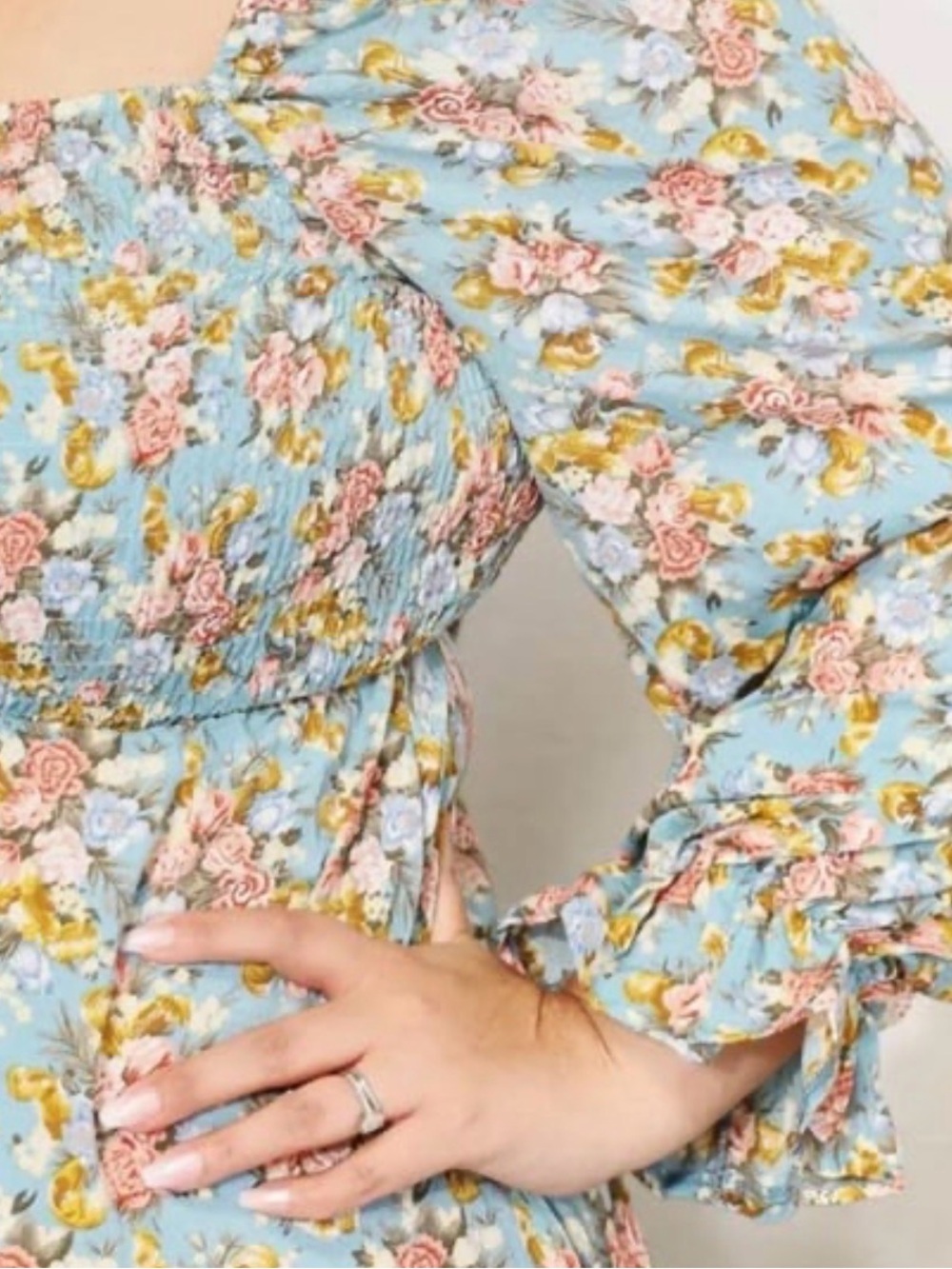 Light Blue Floral Smocked Puff Sleeve Dress